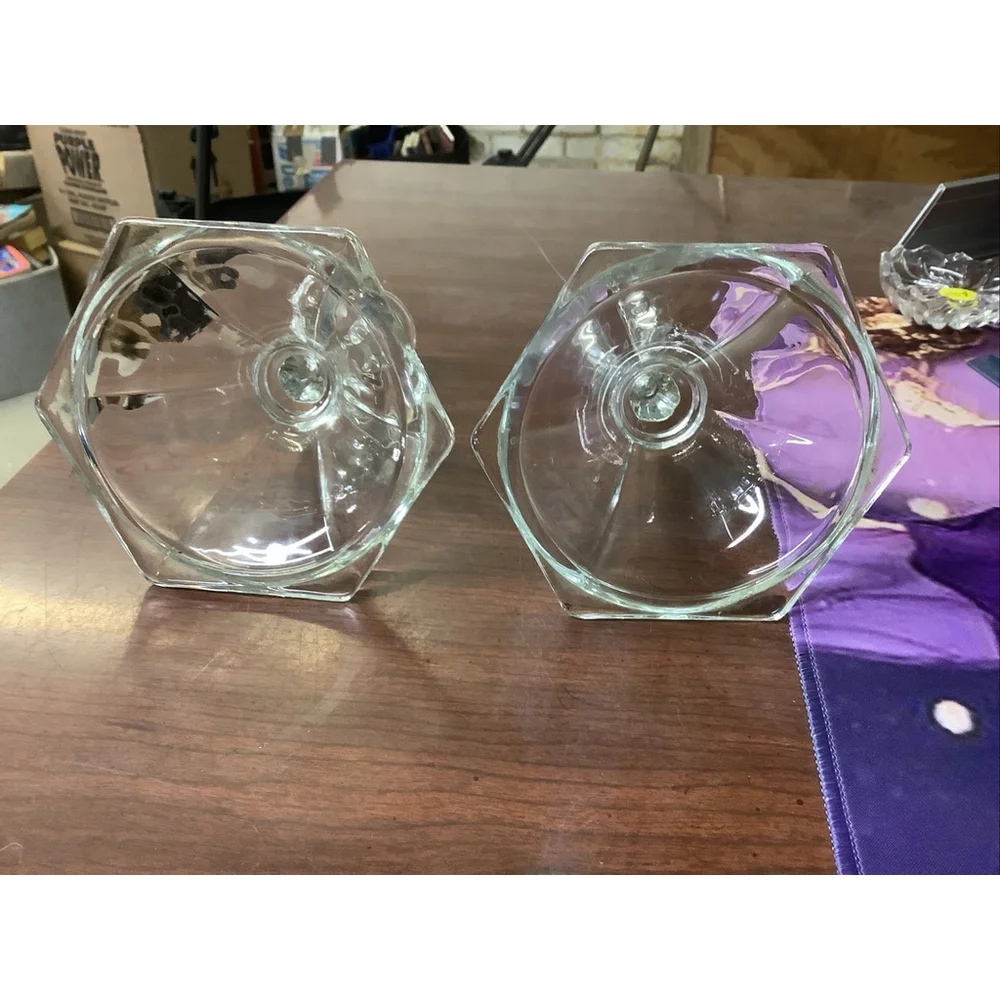 Pair Homco USA Crystal Clear Glass Taper Candle Holder Candlestick Vintage 6”